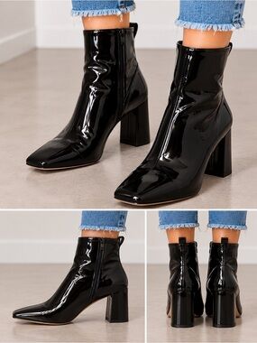 NEW Good American Black Patent Leather Boots Size 5 Square Toe Ankle Booties
